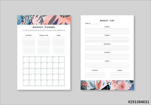 Weekly and Monthly Planner Layout with Illustrative Elements - 291384631 - 291384631