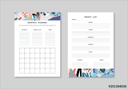 Weekly and Monthly Planner Layout with Illustrative Elements - 291384636 - 291384636