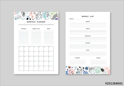 Weekly and Monthly Planner Layout with Illustrative Elements - 291384643 - 291384643