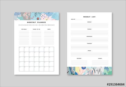 Weekly and Monthly Planner Layout with Illustrative Elements - 291384684 - 291384684