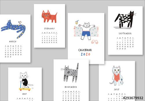 Annual Calendar Layout with Illustrated Cats - 293679932 - 293679932