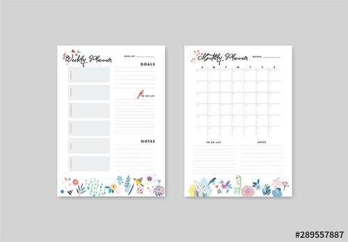 Weekly and Monthly Planner Layout with Illustrative Elements - 289557887 - 289557887