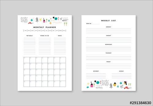 Weekly and Monthly Planner Layout with Illustrative Elements - 291384630 - 291384630