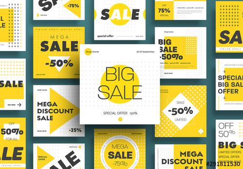 Social Media Post Layout Set with Yellow Geometric Elements - 291811530 - 291811530