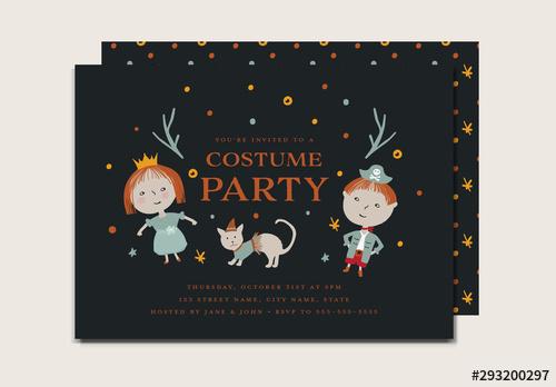 Illustrative Halloween Costume Party with Kids Card Layout - 293200297 - 293200297