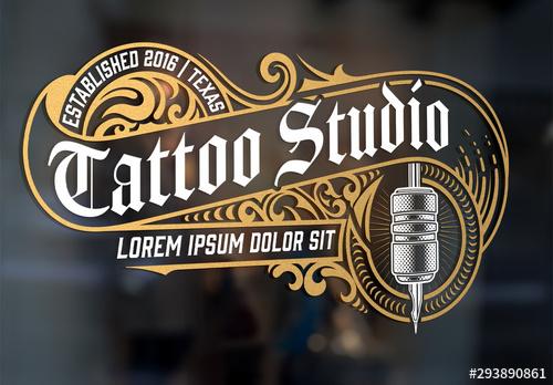 Vintage Tattoo Logo Layout with Gold Elements - 293890861 - 293890861