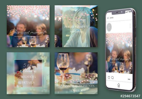 Social Media Post Layout Set with Mint Overlay and Pink Sequins - 294673547 - 294673547