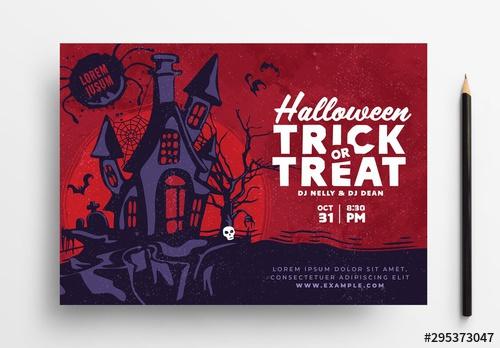 Red Halloween Flyer Layout with Haunted House Illustration - 295373047 - 295373047