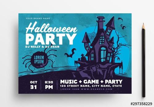 Halloween Party Flyer Layout with Illustrated Haunted House - 297358229 - 297358229