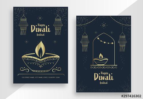 Diwali Festival Poster Layout Set with Gold Elements - 297416302 - 297416302