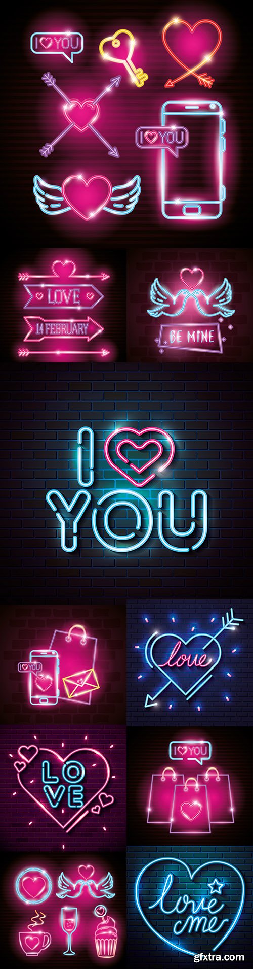 Valentine \'s Day signs and icons of neon lights