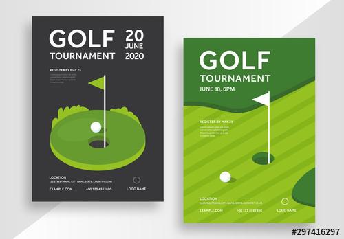 Golf Tournament Poster Layout Set with Illustrative Elements - 297416297 - 297416297