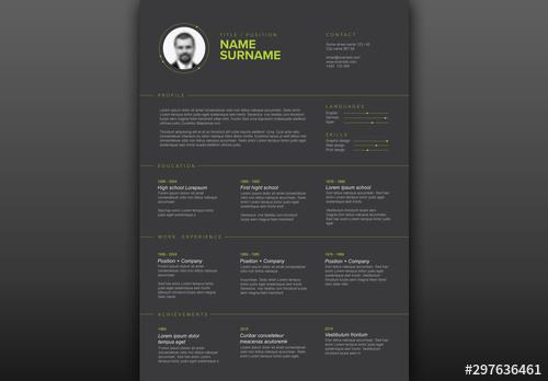 Resume Layout with Green Elements and Dark Background - 297636461 - 297636461