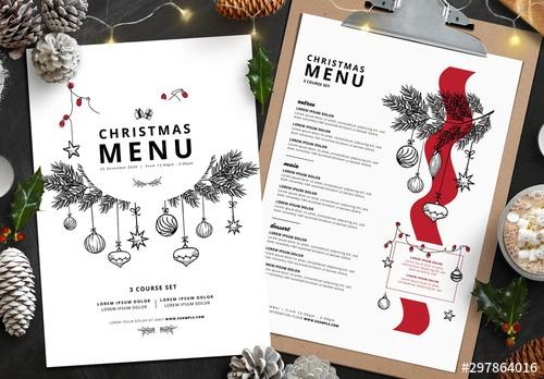 Christmas Menu Layout with Illustrative Elements - 297864016 - 297864016