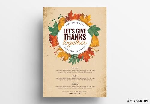 Thanksgiving Dinner Poster Layout with Illustrated Leaves - 297864109 - 297864109