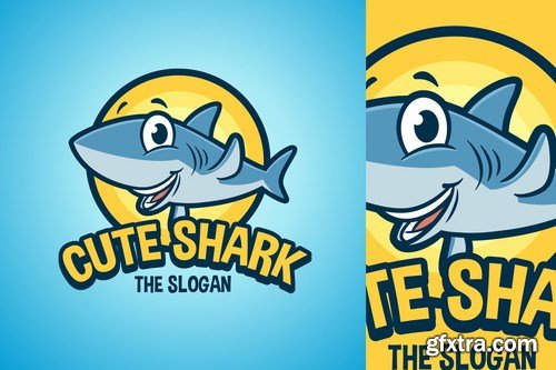 Cartoon Waving Shark Character Mascot Logo