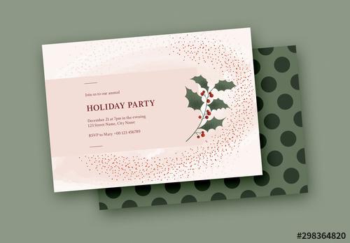 Holiday Party Invitation Layout with Holly Illustration - 298364820 - 298364820