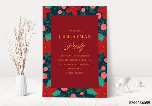 Christmas Party Invitation Layout with Flowers - 299364055 - 299364055