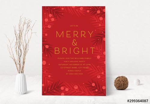 Red Holiday Card Layout with Leaves and Berries - 299364087 - 299364087