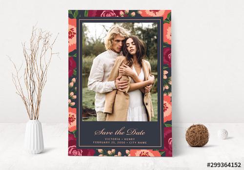 Floral Save the Date Card Layout with Photo - 299364152 - 299364152