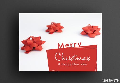 Christmas Greeting Card Layout with Red Decorative Elements in Background - 299594179 - 299594179