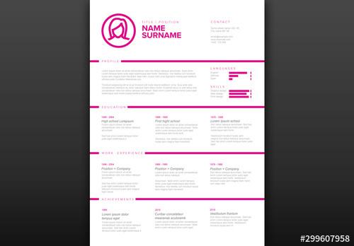 Minimalist Resume Layout with Pink Elements - 299607958 - 299607958