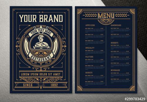 Dark Blue Restaurant Menu Layout with Ornamental Elements - 299783429 - 299783429