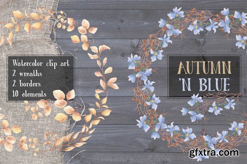 Autumn \'n Blue Watercolor Clip Art