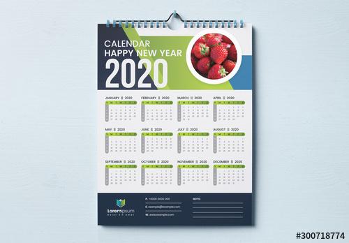 One Page Wall Calendar Layout with Blue and Green Geometric Elements - 300718774 - 300718774