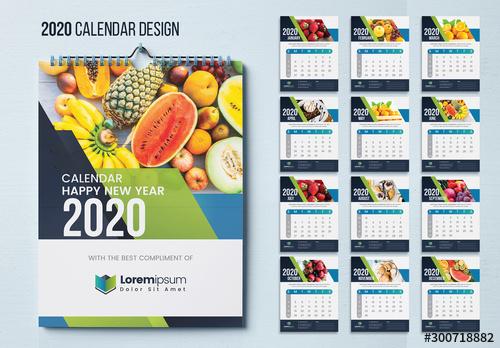 Wall Calendar Layout with Blue and Green Geometric Elements - 300718882 - 300718882