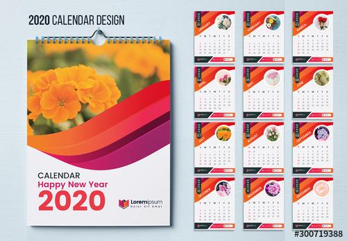 Wall Calendar Layout with Red and Orange Wave Design - 300719388 - 300719388