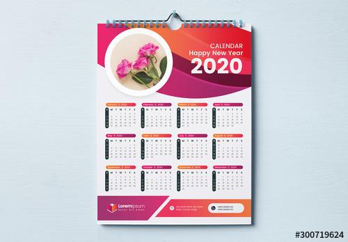 One Page Wall Calendar Layout with Red and Orange Wave Design - 300719624 - 300719624