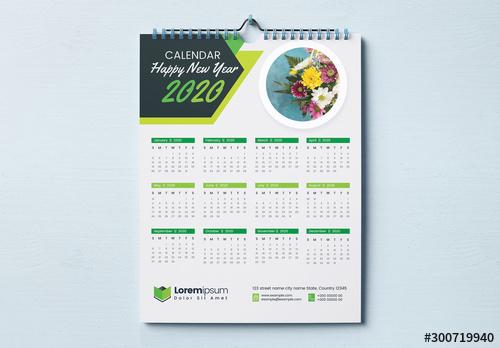 One Page Wall Calendar Layout with Green Geometric Elements - 300719940 - 300719940