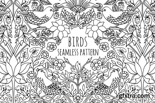 Seamless Pattern With Hand Drawn Birds and Flowers