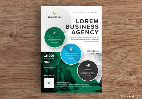 Business Flyer Layout with Circle Elements and Green Accents - 302784373 - 302784373