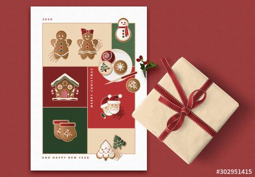 Greeting Card Layout with Christmas Illustrations - 302951415 - 302951415