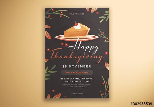 Happy Thanksgiving Flyer Layout with Cake and Leaves - 302955539 - 302955539