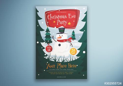 Christmas Eve Party Flyer Layout with Snowman - 302955724 - 302955724