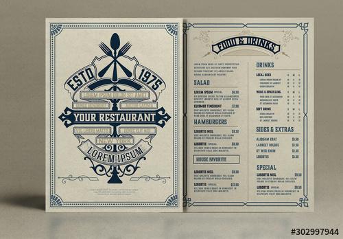 Restaurant Menu Layout with Ornamental Elements - 302997944 - 302997944