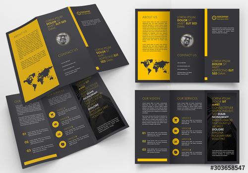 Black Trifold Brochure Layout with Yellow Accents - 303658547 - 303658547