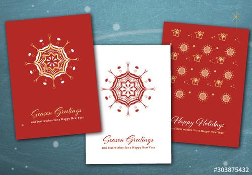 Red Christmas Card Layout Set with Snowflake Illustrations - 303875432 - 303875432