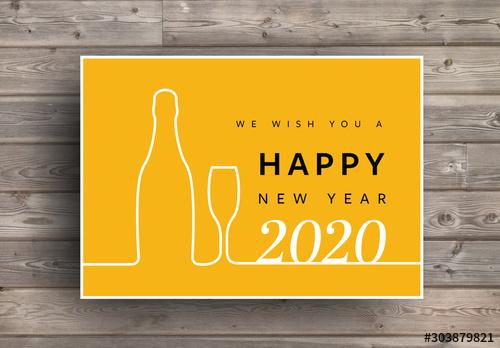 New Year Card Layout with White Wine Bottle and Glass - 303879821 - 303879821