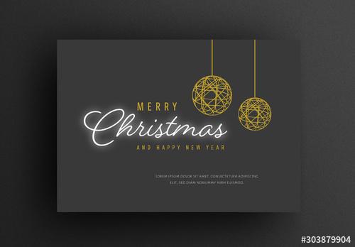 Christmas Card Layout with Dark Background and Gold Festive Elements - 303879904 - 303879904