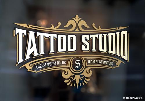 Vintage Tattoo Logo with Gold Elements - 303894880 - 303894880