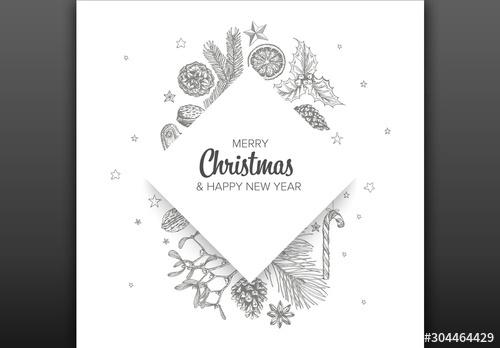 Christmas Card Layout with Hand Drawn Illustrations - 304464429 - 304464429