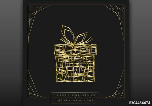 Minimalist Christmas Card Layout with Golden Present - 304464474 - 304464474