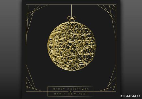 Minimalist Christmas Card Layout with Golden Ornament - 304464477 - 304464477