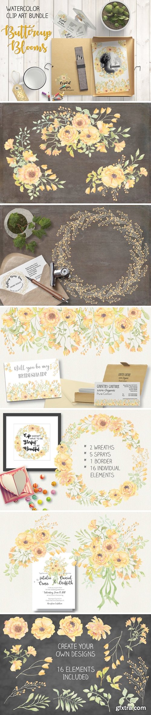 Buttercup Blooms Watercolor Clip Art Bundle