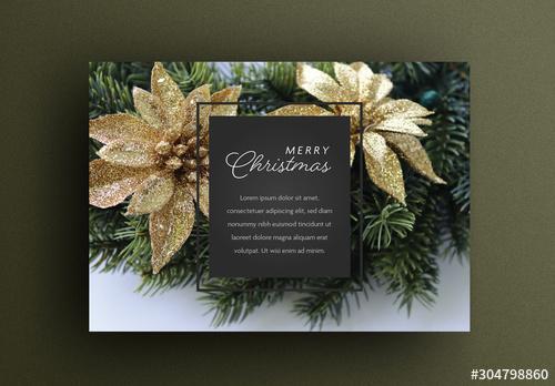 Christmas Card Layout with Green Garland and Gold Flowers - 304798860 - 304798860