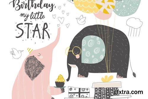 Vector Greeting Birthday card with cute elephants